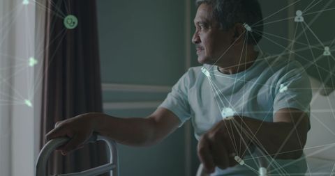 Worried Senior Man with Medical Network Overlay