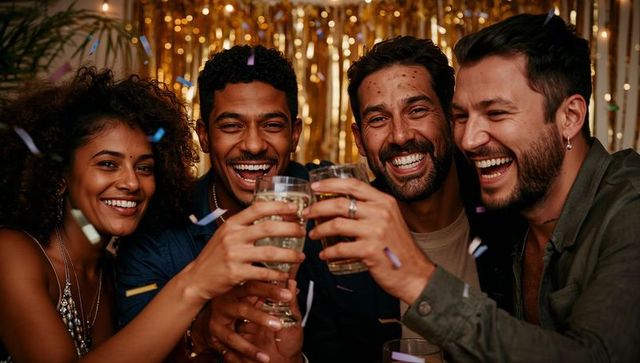 Friends clinking glasses celebrating home party with gold tinsel, confetti, cheers