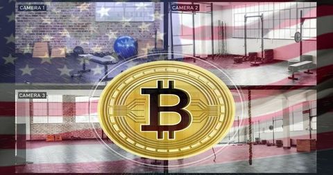 Bitcoin overlaying surveillance views of modern industrial fitness gym
