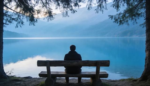 Solitary man sitting on wooden bench overlooking misty mountain lake at sunrise with pine silhouette