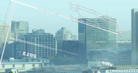 Futuristic Data Interface Overlay Against Vibrant Urban Cityscape