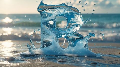 Fluid Sculpture of Letter B with Splashing Ocean Waves