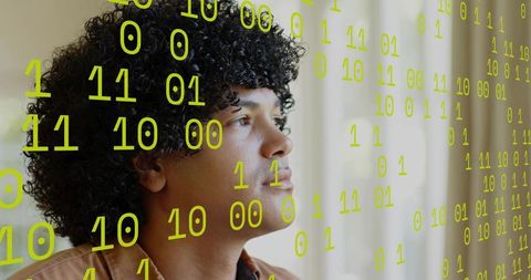 Gazing man with curly hair through floating binary code overlay, contemplative portrait