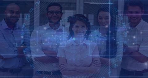 Confident corporate team presenting augmented reality with blue holographic tech overlay