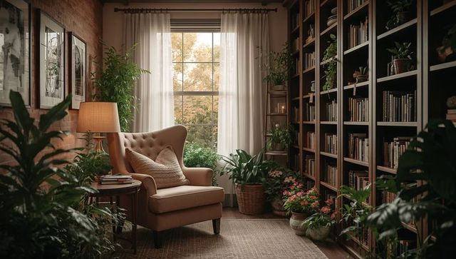 Cozy tufted armchair by sunlit window in home library with lush plants and bookshelves