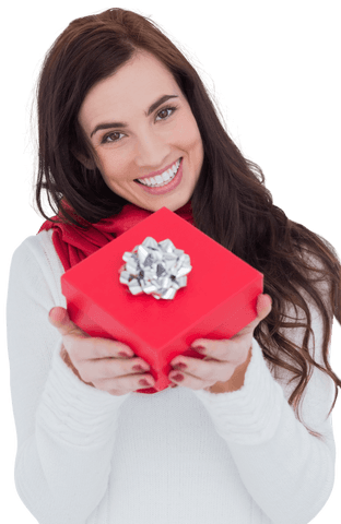 Smiling Woman Presenting Gift Box with Silver Bow on Transparent Background