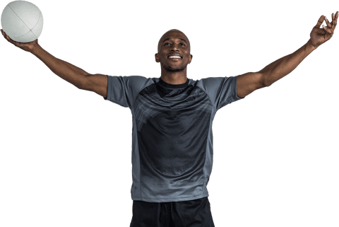 Confident Male Athlete Holding Rugby Ball with Arms Raised Transparent Background