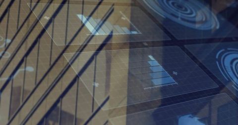 Translucent hud panels over glass displaying analytics, radar graphics, urban reflections