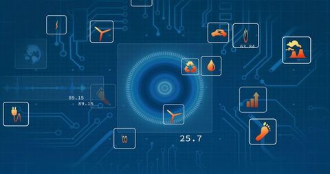 Virtual Interface with Technology and Renewable Energy Icons