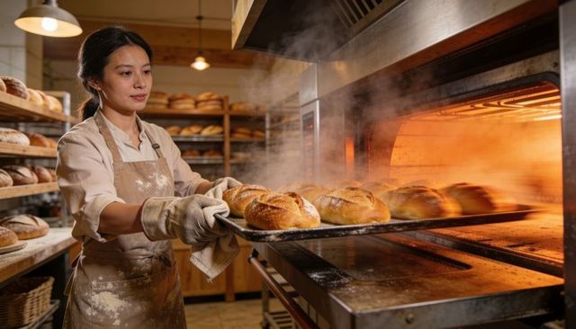 Female baker pulling fresh loaves from oven in rustic wooden bakery