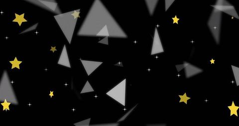 Drifting geometric starfield with glowing triangular shards, golden stars and sparkling dots