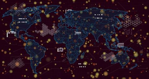 Futuristic neon world map highlighting global network nodes and hex cluster visualization