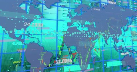 Digital display of global financial data overlaying world map