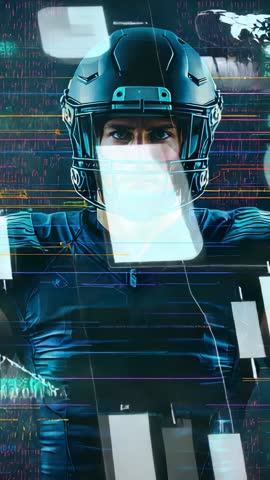 Showing helmeted footballer in vertical video with digital analytics overlay and rising charts