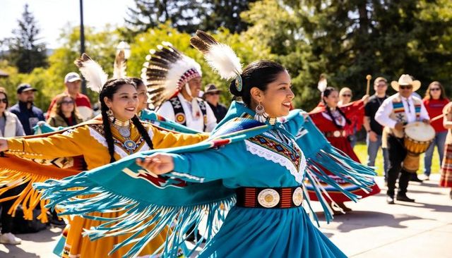 Spinning indigenous dancers in vibrant regalia wearing turquoise shawls and concho belts
