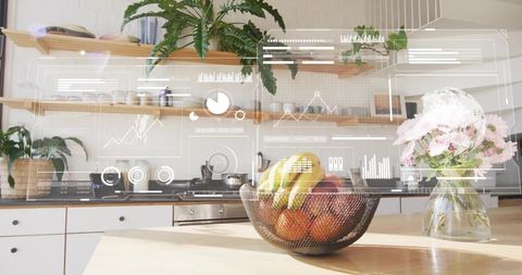 Sunlit smart kitchen with augmented hud analyzing fruit nutrition on countertop
