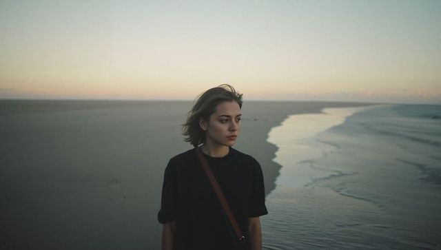 Young woman standing on empty beach at dusk gazing toward sea with crossbody strap
