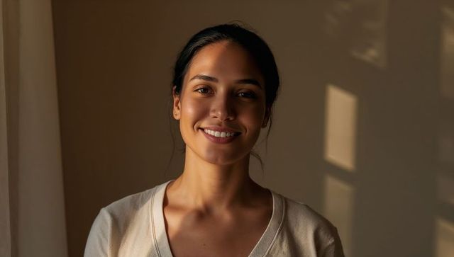 Sunlit serene portrait of smiling woman in v-neck top at home conveying warmth and calm