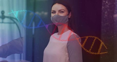 Mid-Adult Woman Wearing Cloth Face Mask in Clinic with Multicolor DNA Helix Overlay for Genomics