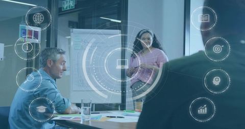 Woman presenting data in modern glass conference room with HUD overlay and teamwork