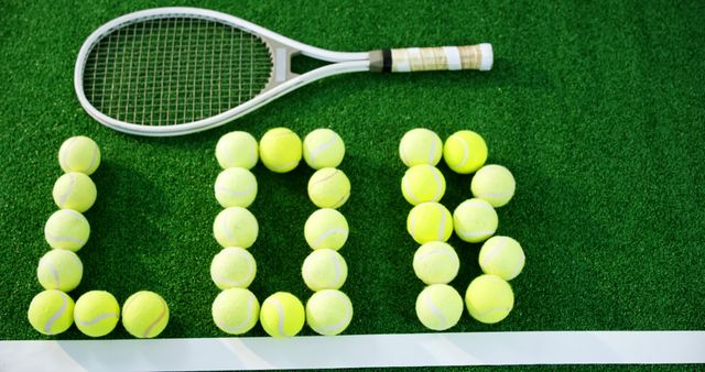 Overhead view of tennis balls forming word lob in court 