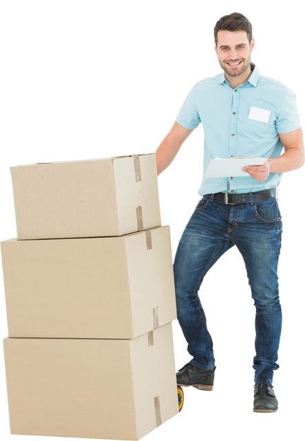 Transparent Delivery Man Managing Cardboard Boxes in Blue Denim - Download Free Stock Videos Pikwizard.com