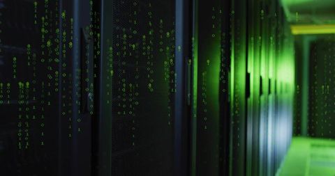 Neon Green Server Rack Corridor with Floating Binary Code Overlay Symbolizing Cybersecurity