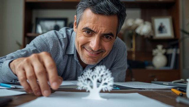 Middle-aged man arranging intricate white paper tree on desk in cozy home office, crafting concept
