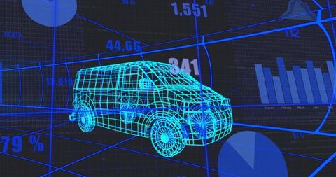 3D Wireframe Van HUD Data Visualization Aligning CAD Grid with Blue Metrics and Charts