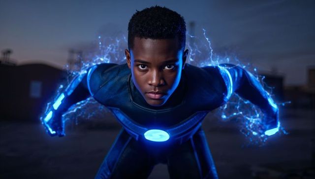Teen Superhero Harnessing Blue Energy on Rooftop at Dusk