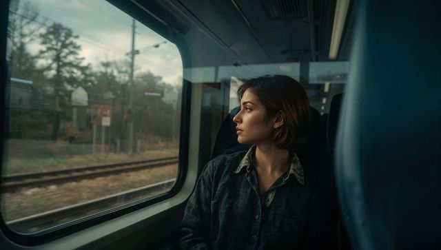 Young woman gazing out train window, contemplative traveler portrait with moody light