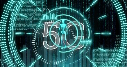 Futuristic 5G Digital Interface with Walking Skeleton and Data Graphics - Download Free Stock Images Pikwizard.com