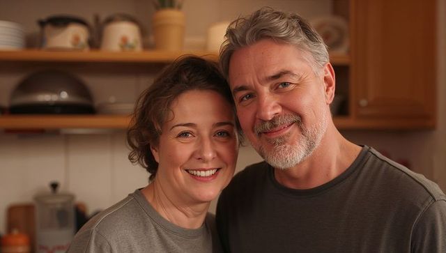 Mature couple smiling in cozy kitchen, leaning close, warm rustic home moment