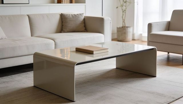 Minimalist living room featuring low glossy coffee table with closed hardcover book