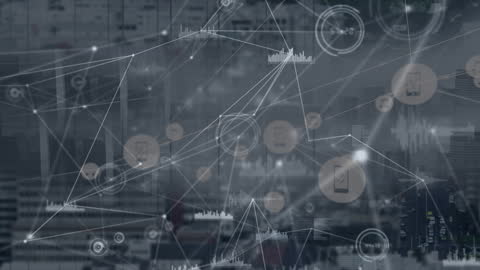 Abstract Digital Network Overlaying Urban Cityscape