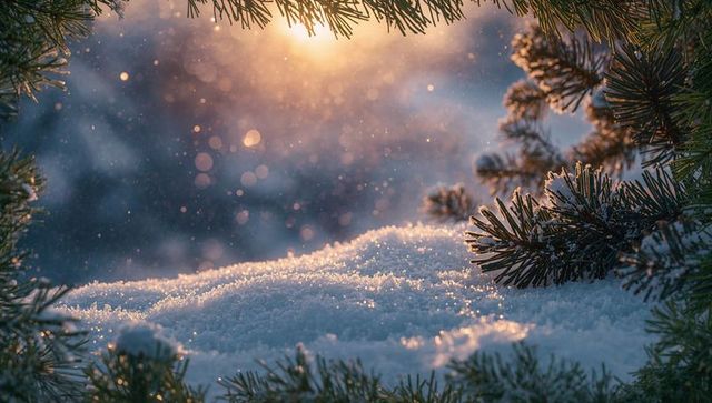 Golden sunrise glinting on frosted snow with pine branches, bokeh sun flare and frost