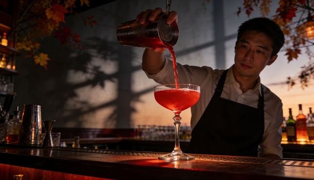 Bartender pouring crimson cocktail into coupe glass at moody bar with autumn leaves