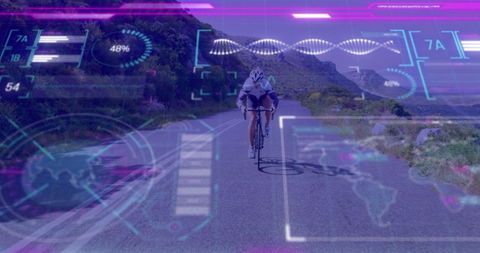 Cyclist embracing futuristic ar technology on scenic mountain road