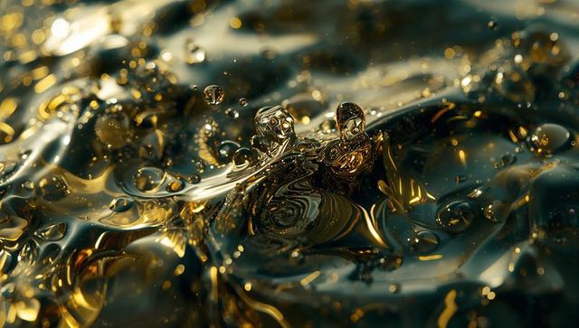 Macro Liquid Gold Splash with Teal Reflections, Abstract Metallic Droplets and Ripples