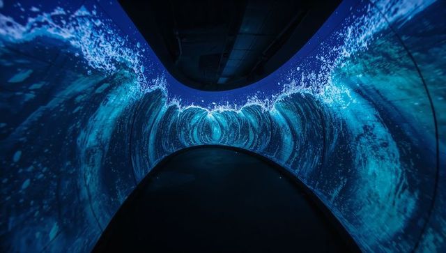 Immersive curved tunnel displaying teal ocean waves projection in dark gallery