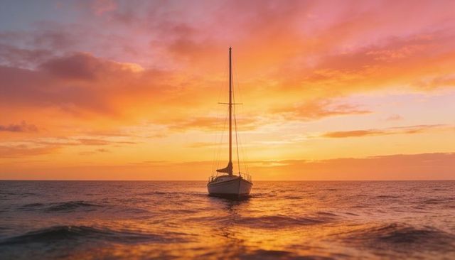 Solitary sailboat floating at golden sunset over calm ocean with warm sky reflection