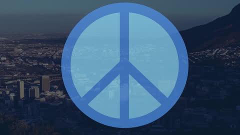 Peace Symbol Overlay on Cityscape View