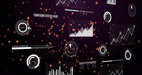 Floating analytics widgets showing holographic charts, gauges and bars on neon dashboard