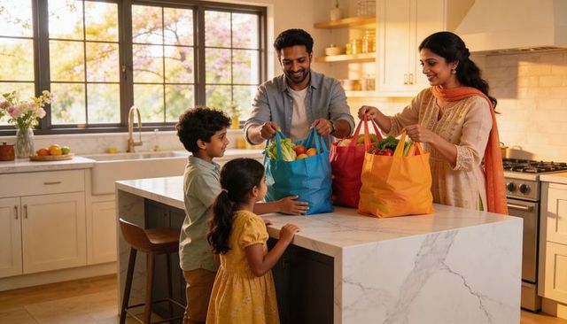 Family unpacking reusable grocery bags with fresh produce on sunlit kitchen island