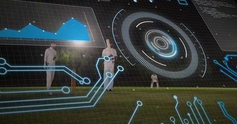 Night cricket batsman holding bat with hud analytics overlay and holographic circuitry