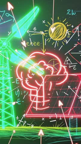 Vertical video illustrating neon energy cloud connecting wind turbine and solar panel