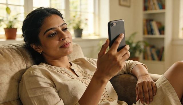 Relaxing indian woman reclining on sofa using smartphone in sunlit room with embroidered kurta
