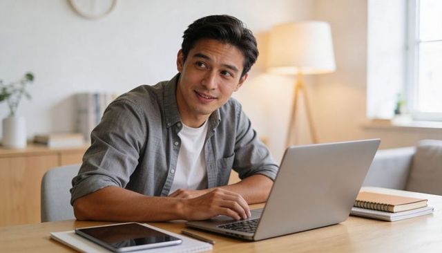 Young man working from home typing on laptop in cozy daylight home office with tablet