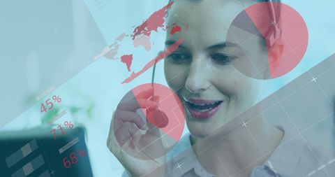 Smiling Female Consultant with Financial Graphs and Data