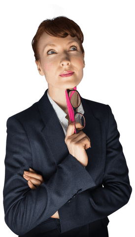 Caucasian Businesswoman Thinking with Glasses on Transparent Background